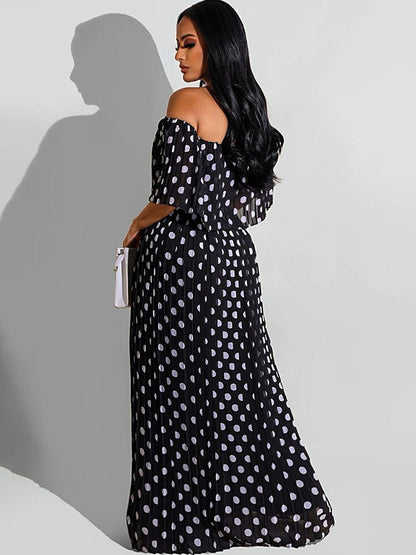 flowersverse Chiffon Off Shoulder Polka Dot Maxi Dresses