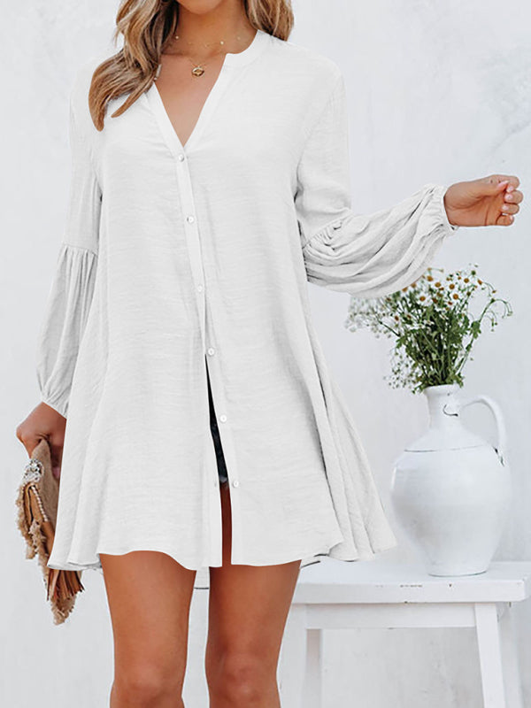 flowersverse Stitching Casual Loose Cardigan Button Puff Sleeve Dress