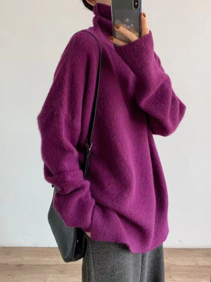 flowersverse Solid Color Split-Side Long Sleeves Loose High-Neck Sweater Tops Pullovers Knitwear