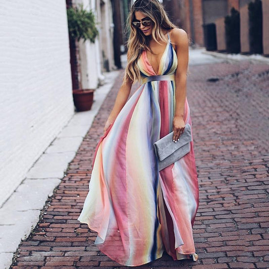 flowersverse Halter long chiffon dress Bohemian rainbow printed women maxi dress Fashion v neck club party dresses vestidos mujer