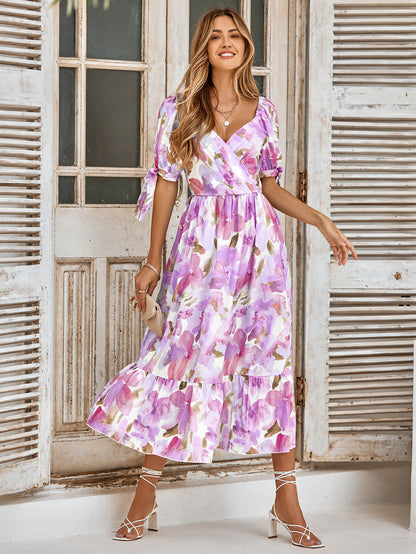 flowersverse TANYA PAINTING FLORAL SHORT SLEEVE MAXI DRESS - PURPLE