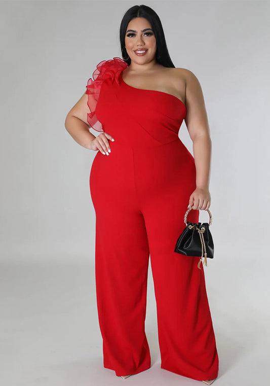 flowersverse Plus Size Ladies One Shoulder Mesh Wide Leg Pants