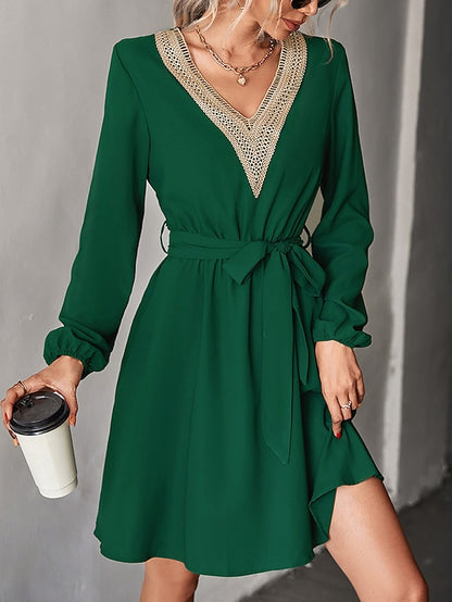 flowersverse Women's Work Dress Black Dress Semi Formal Dress Fashion Mini Dress Lace V Neck Long Sleeve Color Block Loose Fit Black Dark Green Fall Spring S M L XL