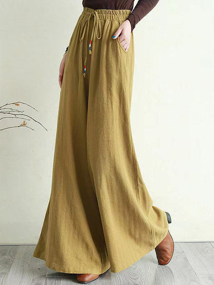 flowersverse Artistic Ramie Cotton Drawstring Elasticity Loose Wide-Leg Pants