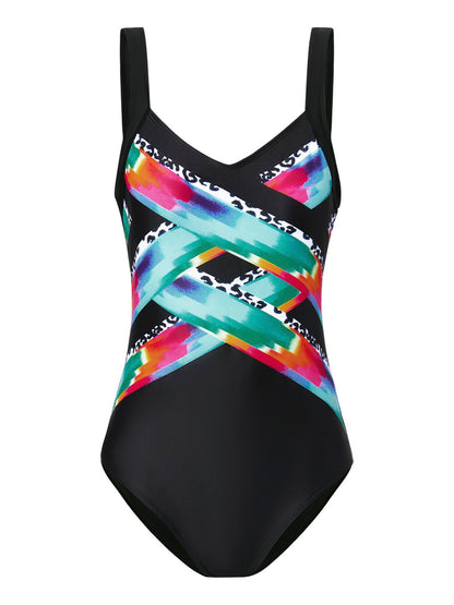 flowersverse Casual Abstract Printing V neck One-Piece Swimsuit