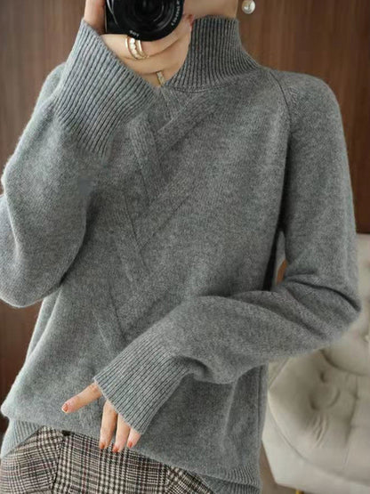 flowersverse Casual Loose Long Sleeves Solid Color High-Neck Sweater Tops