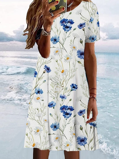 flowersverse Women's T Shirt Dress Casual Dress Summer Dress Graphic Floral Print Crew Neck Mini Dress Fashion Modern Daily Holiday Short Sleeve Regular Fit White Light Green Beige Summer Spring S M L XL XXL