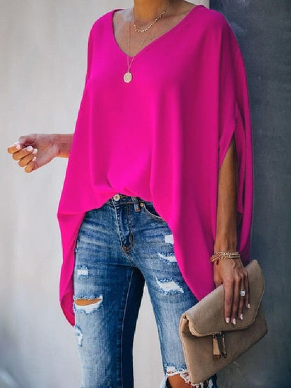 flowersverse Oversize Batwing Sleeves Solid Color V-Neck T-Shirt