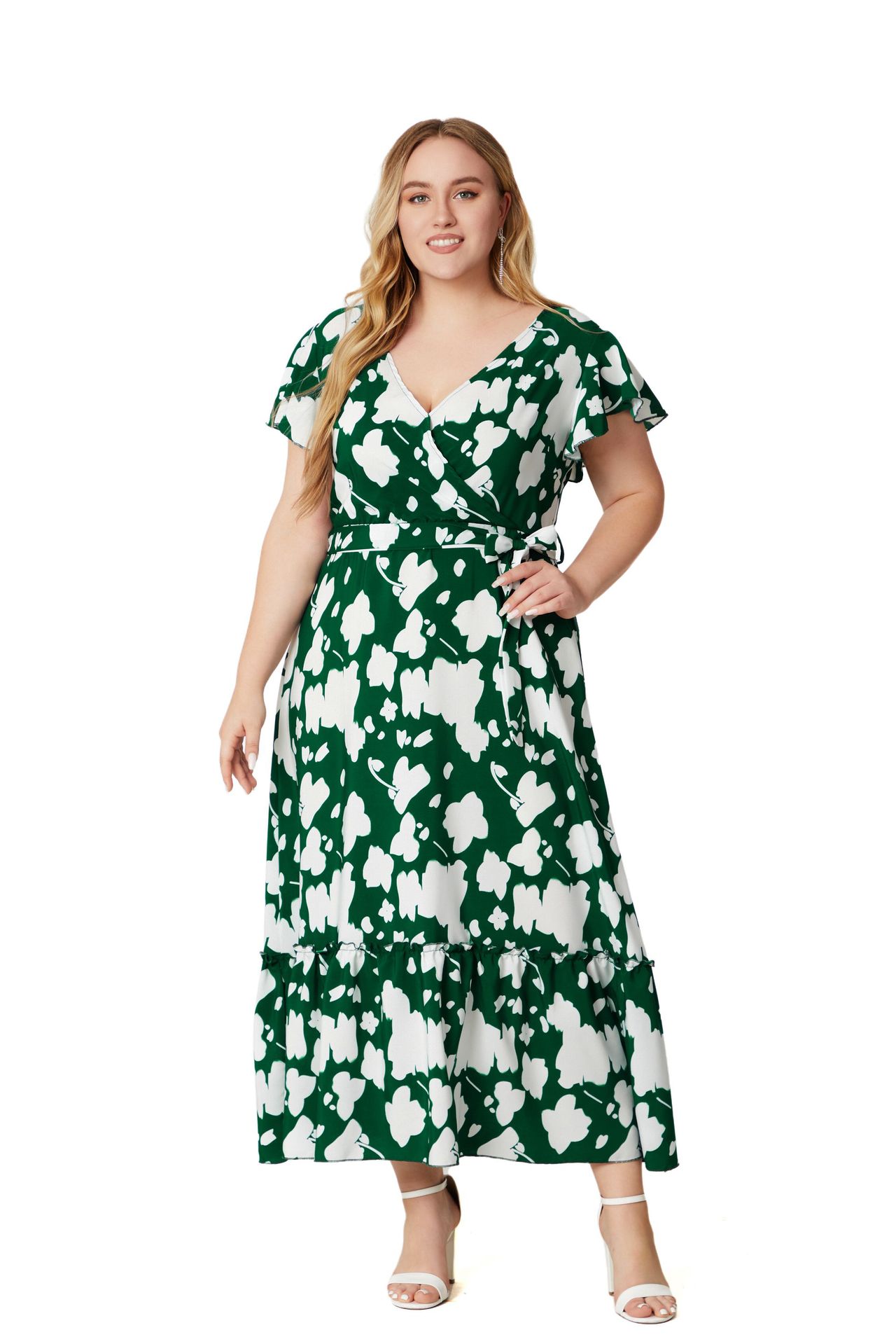 flowersverse Summer Plus Size Women's V-Neck Print Dress