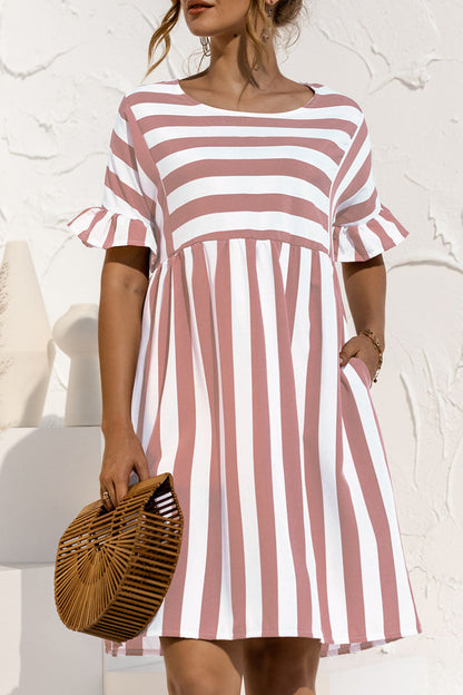 flowersverse Fashion Casual Striped Patchwork O Neck A Line Dresses