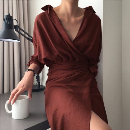 flowersverse Cropped Buttock Bandage Dress V-Neck Long Sleeve Solid Dress