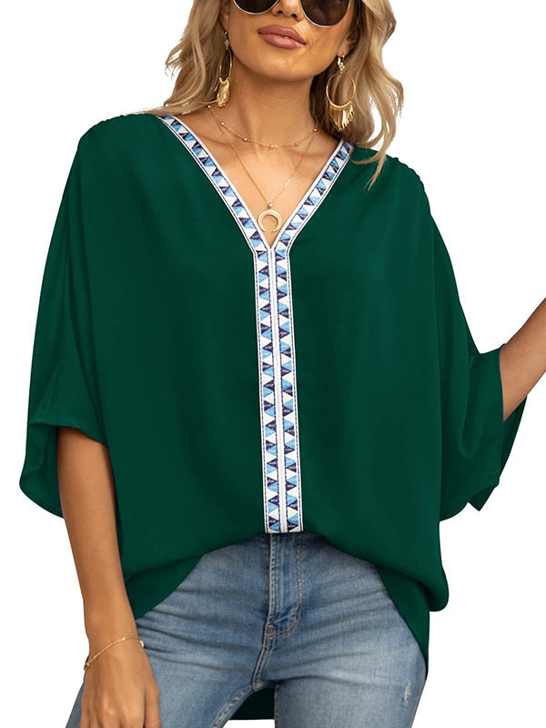 flowersverse Split-Joint Batwing Sleeves Loose V-neck Blouses&shirts Tops