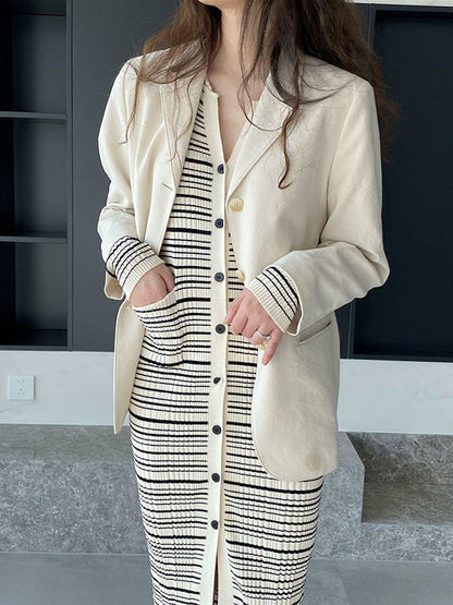 flowersverse Long Sleeves Skinny Buttoned Pockets Striped Lapel Cardigan Coats Knitwear