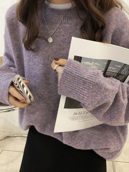 flowersverse Simple Loose Long Sleeves Round-Neck Sweater Tops Pullovers