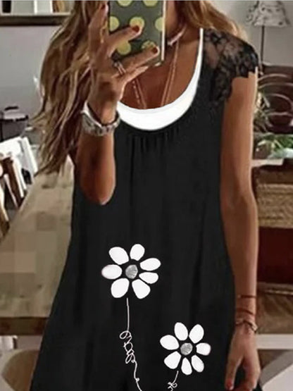 flowersverse Casual Floral Loosen A-line Short Sleeve Knit Dress