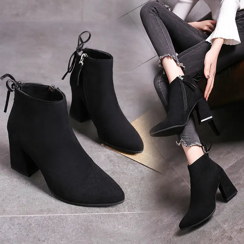 flowersverse European And American Martin Boots Pointed High Heels Plus Size Women