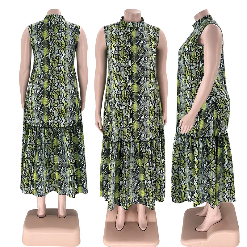 flowersverse Summer Stand Collar Sleeveless Print Plus Size Women's Stylish Loose Long Dress