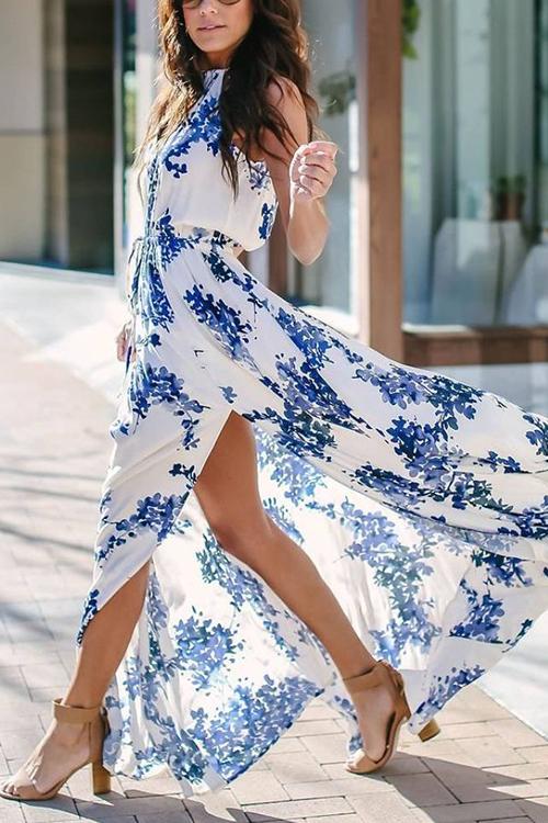 flowersverse Floral Print Slit Sleeveless Maxi Dress