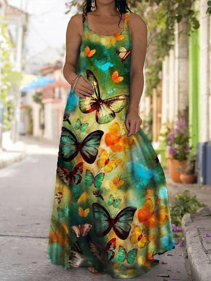 flowersverse Women's Plus Size Casual Dress Slip Dress Floral Butterfly Long Dress Maxi Dress Sleeveless Backless Print Strap Fashion Daily Black Light Green Spring Summer L XL XXL 3XL 4XL