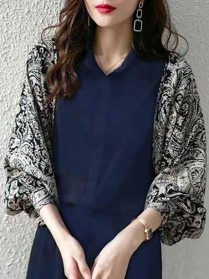 flowersverse Printed Split-Joint Batwing Sleeves Lapel Blouses&Shirts Tops