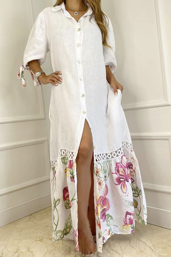 flowersverse Dorris Lace Bandage Floral Print Shirt Maxi Dress