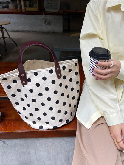 flowersverse Vintage Canvas Polka-Dot Printed Makeup Tote Bag Bucket Bag