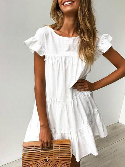 flowersverse White Casual Cotton Short Sleeve Weaving Dress