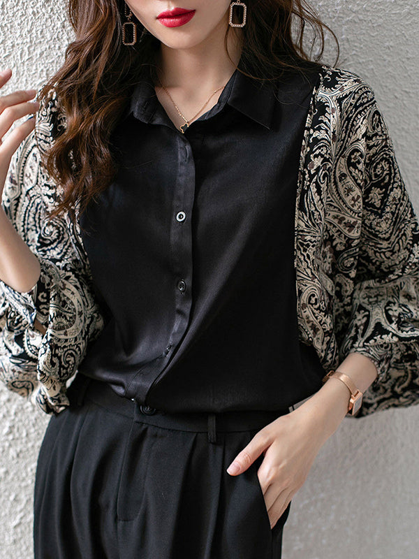 flowersverse Printed Split-Joint Batwing Sleeves Lapel Blouses&Shirts Tops