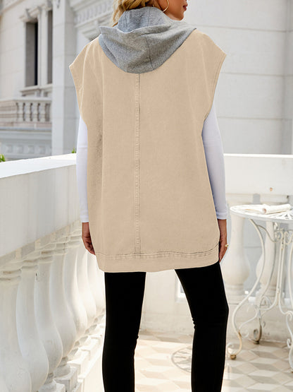 flowersverse Buttoned Detachable Hooded Pockets Split-Joint Loose Sleeveless Lapel Collar Vest Outerwear