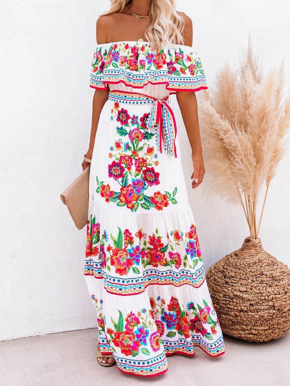 flowersverse Floral Print One-shoulder Mopping Dress