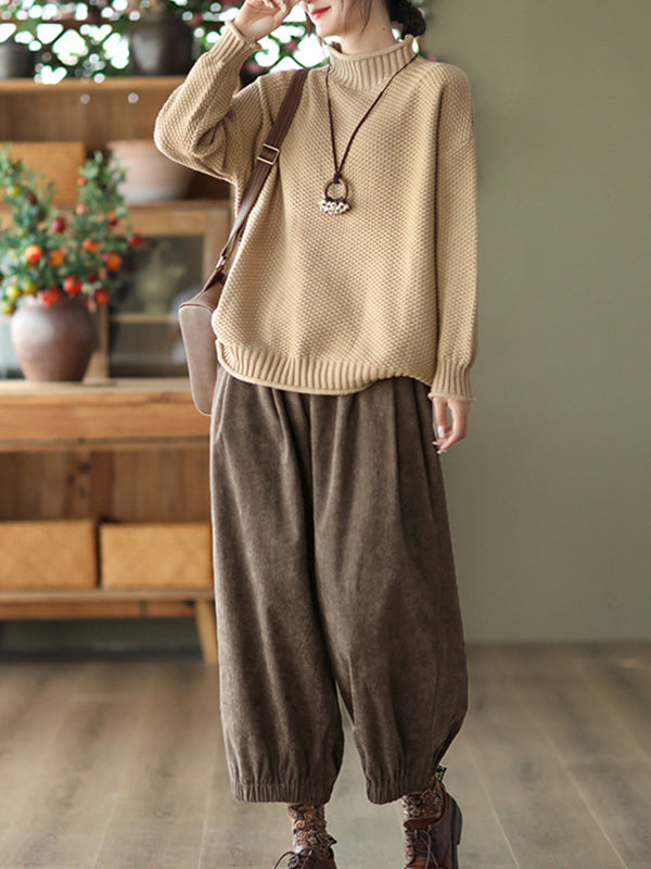 flowersverse Vintage Long Sleeves Loose Solid Color High-Neck Sweater Tops