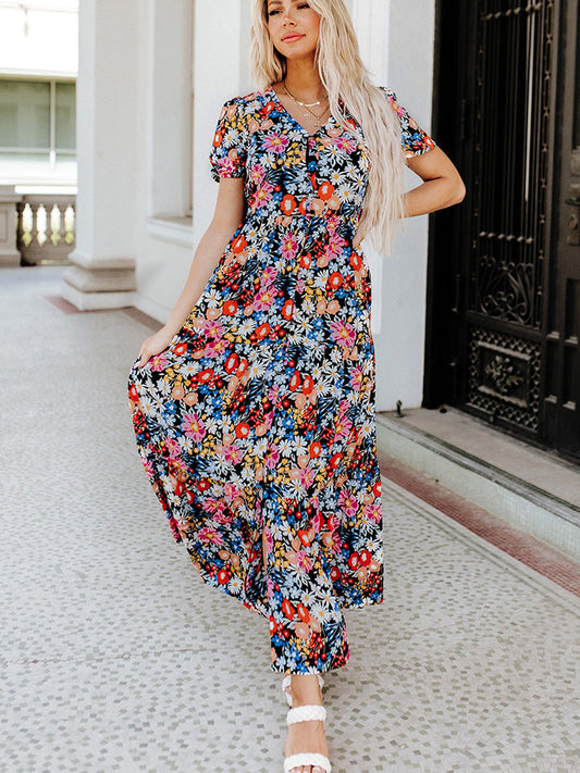 flowersverse Multicolored Floral Printed V-Neck Short Sleeve Maxi Dress