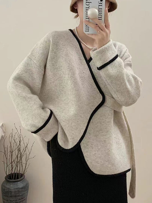 flowersverse Split-Joint Long Sleeves Loose V-Neck Cardigan Tops