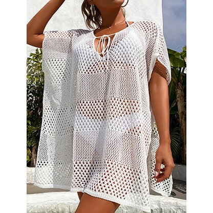 flowersverse Women's Cover Up Beach Dress Beach Wear Mini Dress Hole Casual Sexy Plain V Neck Short Sleeve Loose Fit Outdoor Daily Black White  Spring Summer One Size