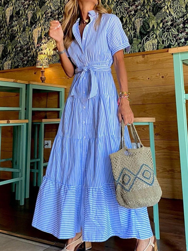 flowersverse Striped Loose Short Sleeves Lapel Maxi Dresses