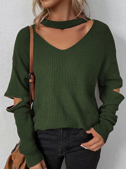 flowersverse Hollow Solid Color Zipper Long Sleeves Loose V-Neck Sweater Tops Pullovers