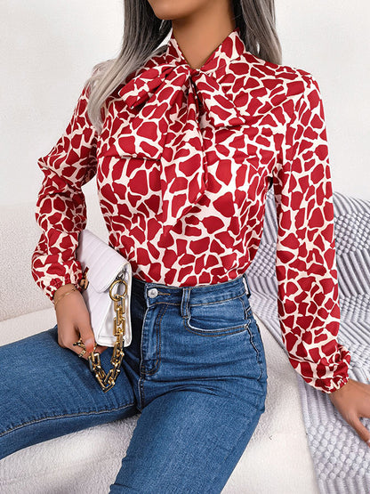 flowersverse Bow-Embellished Elasticity Tied Bishop Sleeve Long Sleeves Mock Neck Blouses&Shirts Tops