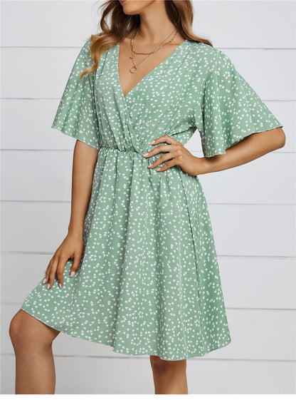 flowersverse Spring Summer Chiffon Dress Women V-Neck Love Dot Print Short Dresses Sweet Ruffle Sleeve Slim Ladies Drawstring Dress