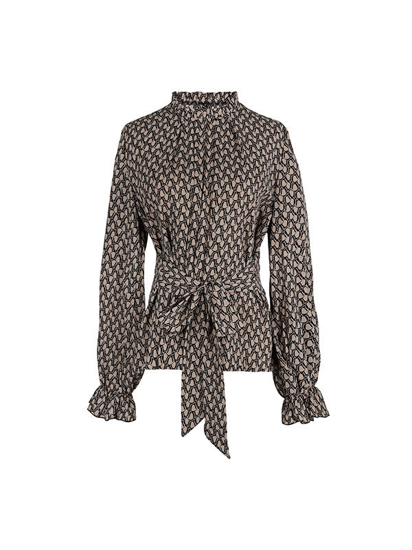 flowersverse Bandage Belted Leopard Printed Long Sleeves Round-Neck Blouses&Shirts Tops