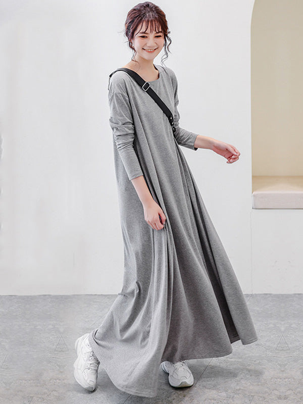 flowersverse Simple 6 Colors Plus Size Loose Long Sleeve Casual Dress