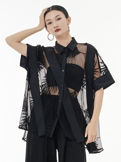 flowersverse Stylish Loose Half Sleeves Buttoned Mesh Hollow See-Through Blouses&Shirts Tops