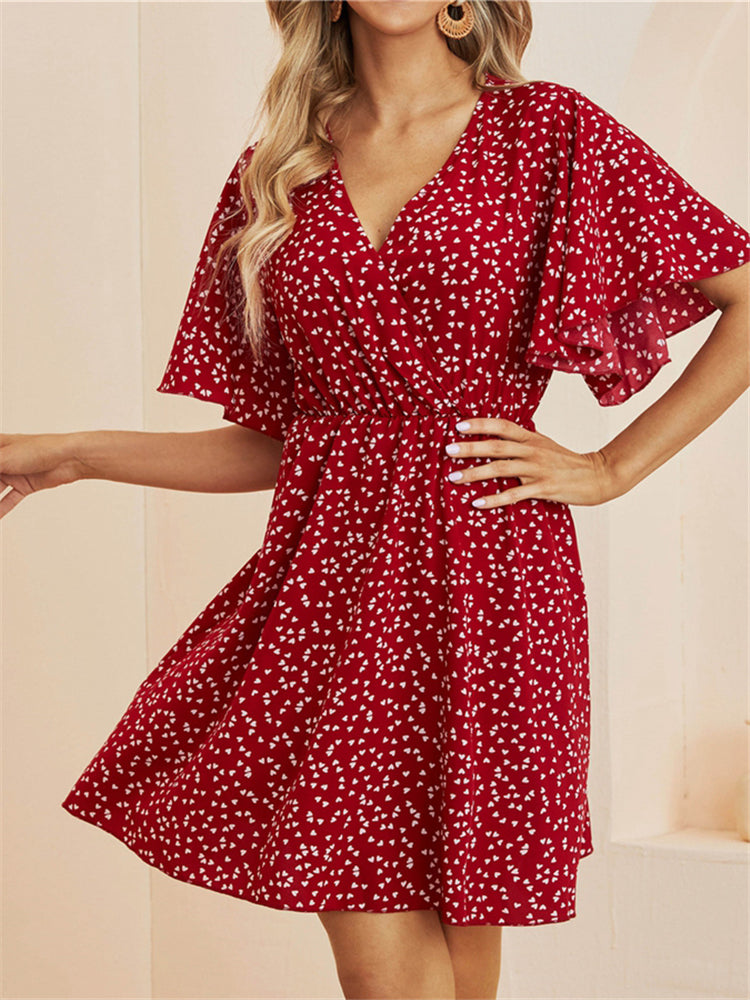 flowersverse Spring Summer Chiffon Dress Women V-Neck Love Dot Print Short Dresses Sweet Ruffle Sleeve Slim Ladies Drawstring Dress