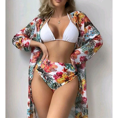 flowersverse Women's Swimwear Bikini Three Piece Normal Swimsuit High Waist Open Back Printing Flower Black Yellow White Halter V Wire Bathing Suits Sexy Vacation Fashion