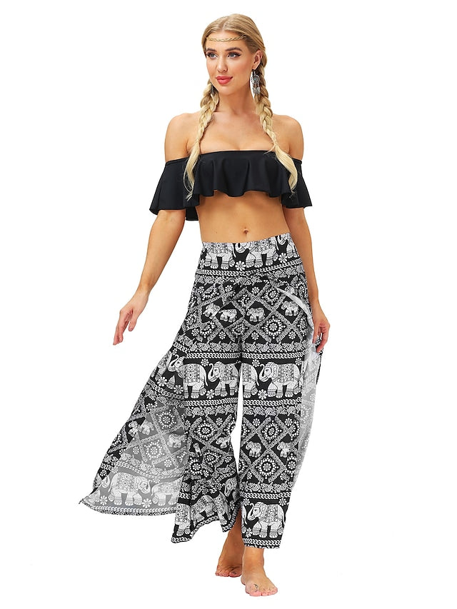 flowersverse Women's Harem Wide Leg Pants Trousers Light gray Gray Black High Waist Basic Boho Gym Yoga Layered High Cut Micro-elastic Full Length Comfort Pattern S L / Drop Crotch / Plus Size / Loose Fit / Print