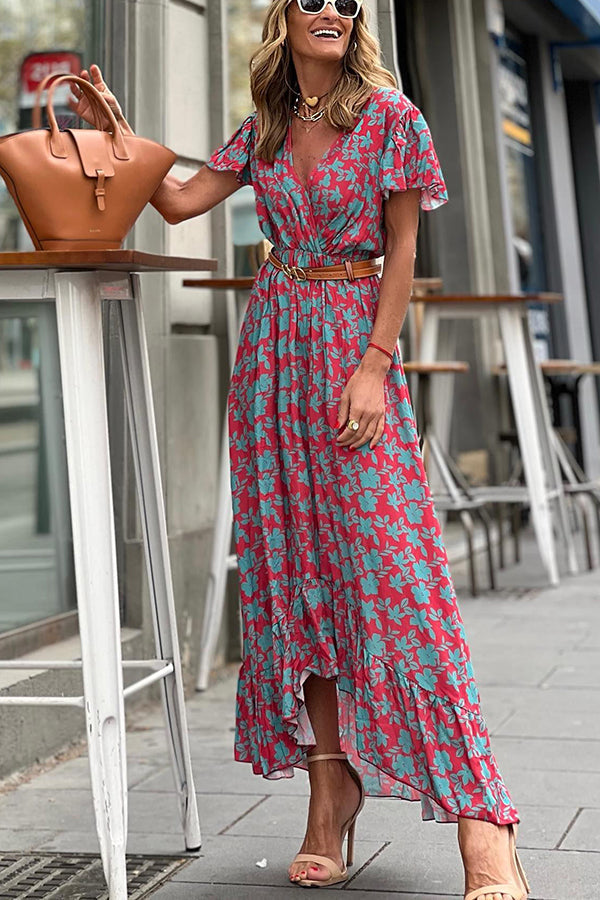 flowersverse Joyful Living Floral Ruffle High Low Midi Dress