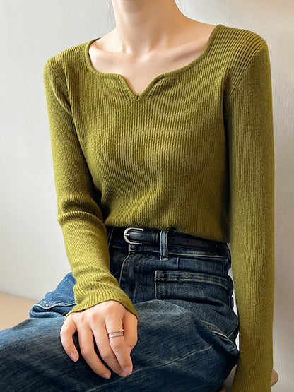 flowersverse Urban Skinny Long Sleeves Elasticity Solid Color V-Neck Sweater Tops Pullovers