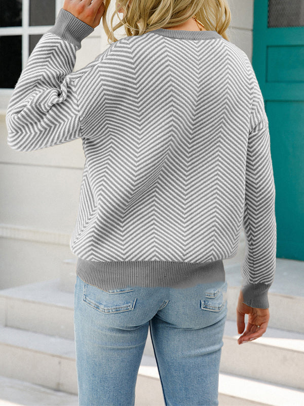 flowersverse Striped Long Sleeves Loose Round-Neck Sweater Tops Pullovers Knitwear