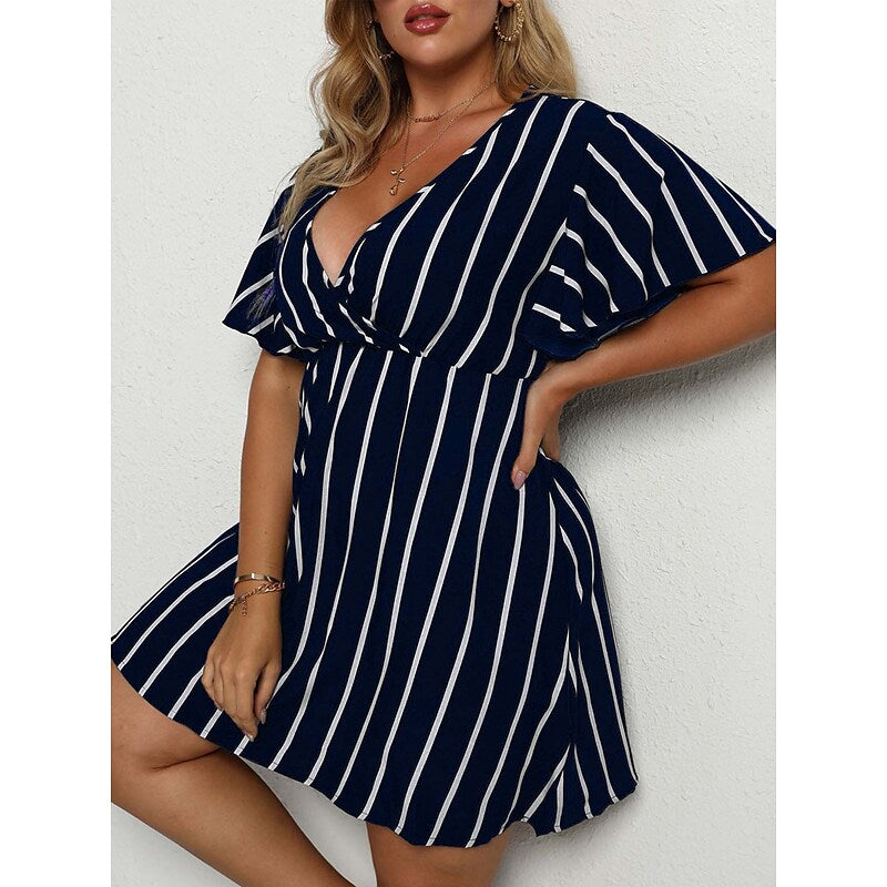 flowersverse Women's Plus Size Casual Dress A Line Dress Stripe Mini Dress Short Sleeve Print V Neck Fashion Outdoor ArmyGreen Black Spring Summer L XL XXL 3XL 4XL