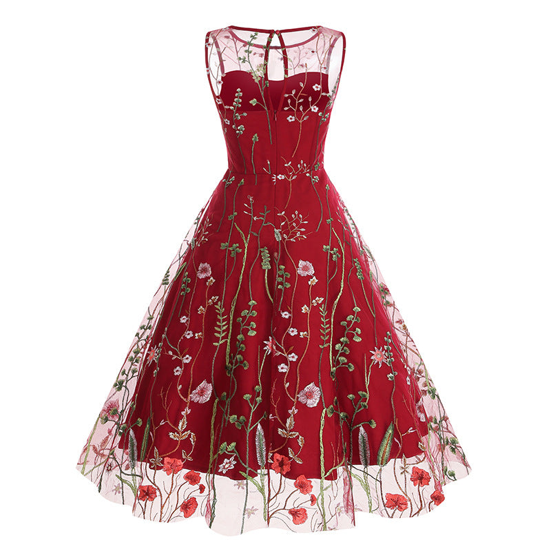 flowersverse Women Round Neck Sleeveless Embroidered Dress