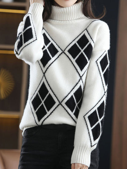 flowersverse Casual Long Sleeves Loose Plaid High-Neck Sweater Tops